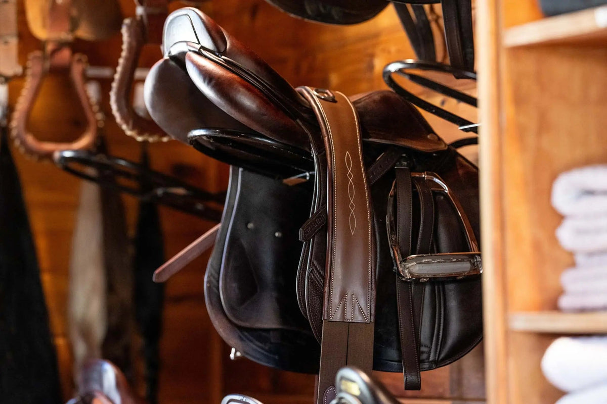 Huntley Equestrian Sedgwick Leather Fancy Stitched Padded Leather Contour Shaped Girth with Double End Elastic
