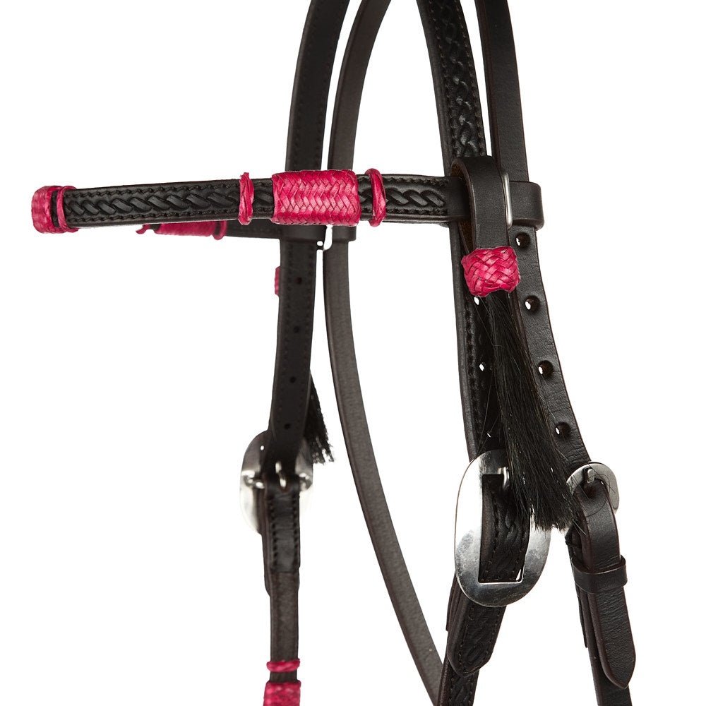WD-RRSBH-P Hot Pink Rawhide Rope Tooled Browband Headstall