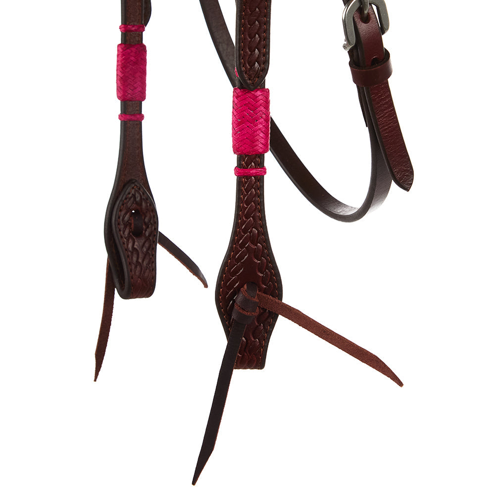 WD-RRSBH-P Hot Pink Rawhide Rope Tooled Browband Headstall
